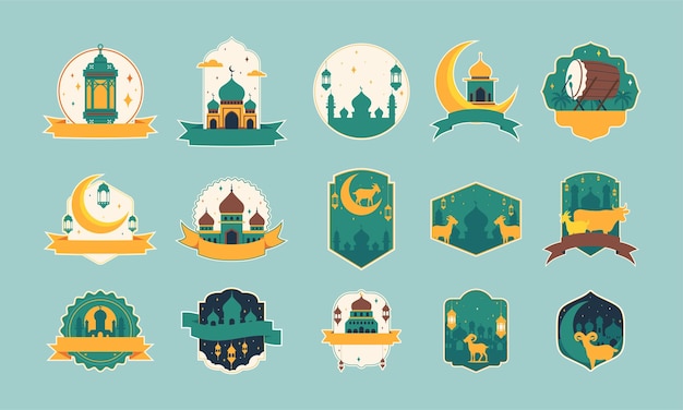 El conjunto de ilustraciones vectoriales de etiquetas y insignias de Eid al adha