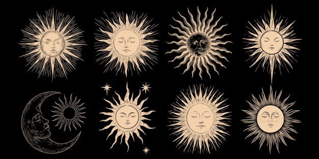 Conjunto de ilustraciones vectoriales de fases lunares Diferentes etapas de actividad de la luz de la luna en grabados antiguos