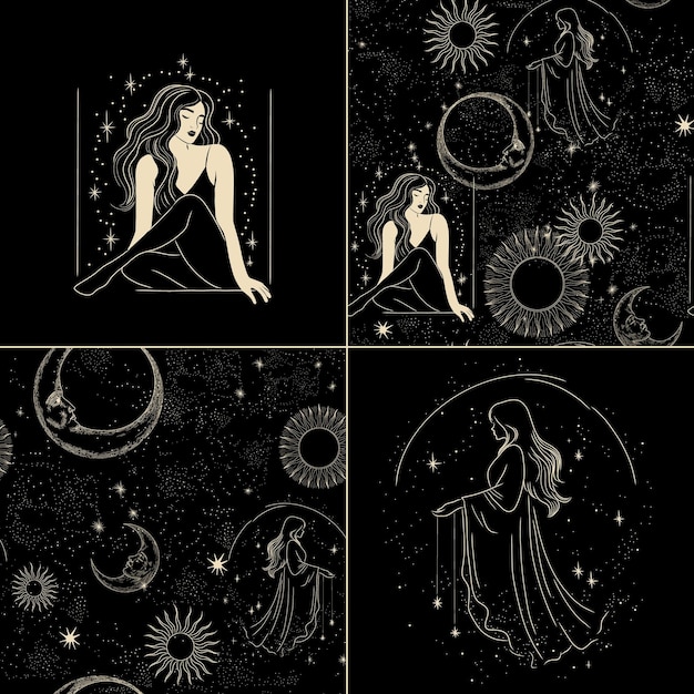Conjunto de ilustraciones vectoriales de fases lunares Diferentes etapas de actividad de la luz de la luna en grabados antiguos