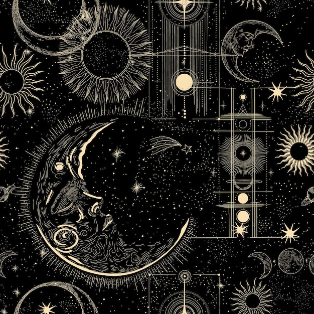 Conjunto de ilustraciones vectoriales de fases lunares Diferentes etapas de actividad de la luz de la luna en grabados antiguos