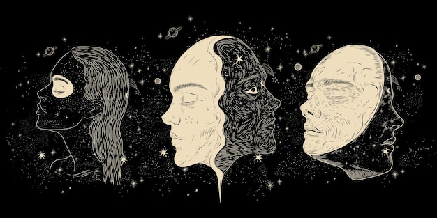 Conjunto de ilustraciones vectoriales de fases lunares Diferentes etapas de actividad de la luz de la luna en grabados antiguos