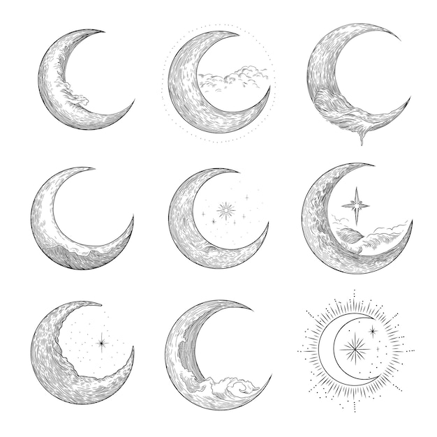 Conjunto de ilustraciones vectoriales de fases lunares Diferentes etapas de actividad de la luz de la luna en grabados antiguos