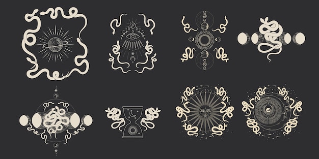 Conjunto de ilustraciones vectoriales de fases lunares Diferentes etapas de actividad de la luz de la luna en grabados antiguos