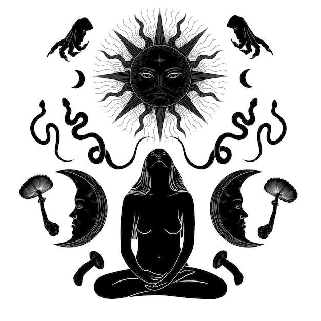 Conjunto de ilustraciones vectoriales de fases lunares Diferentes etapas de actividad de la luz de la luna en grabados antiguos