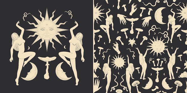 Conjunto de ilustraciones vectoriales de fases lunares Diferentes etapas de actividad de la luz de la luna en grabados antiguos