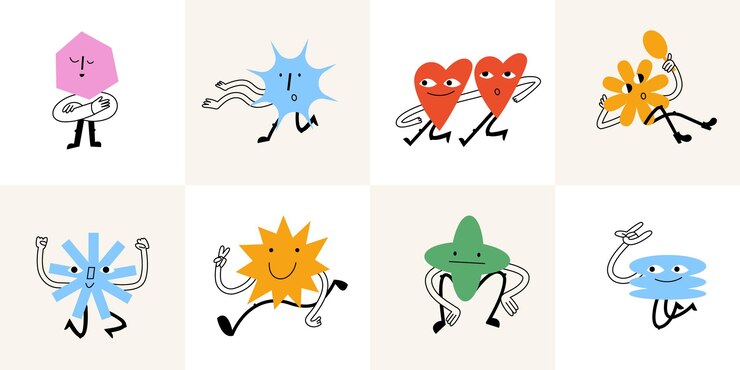 Conjunto de ilustraciones vectoriales de figuras geométricas de dibujos animados personajes n estilo retro pegatinas groovy con diferentes emociones para redes sociales