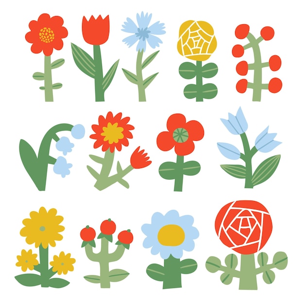 Conjunto de ilustraciones vectoriales de flores estilizadas y minimalistas. tulipanes, margaritas, amapolas