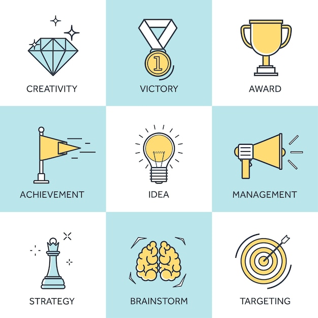 Conjunto de ilustraciones vectoriales Fondo de concepto de negocio plano Misión de logro Objetivo y recompensa de objetivo de nueva idea Soluciones inteligentes