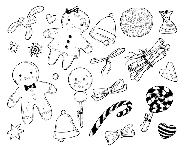 Conjunto de ilustraciones vectoriales de galletas de pan de jengibre para Navidad en estilo dibujado a mano