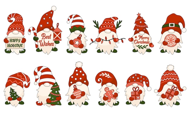 Conjunto de ilustraciones vectoriales de gnomos navideños. cotizaciones de navidad. clipart de vacaciones de invierno