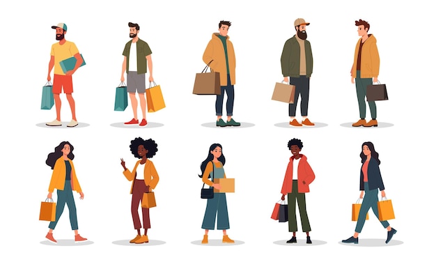 Conjunto de ilustraciones vectoriales gráficas de personajes de compras