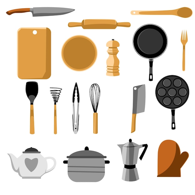 Vector conjunto de ilustraciones vectoriales de herramientas de cocina para cocinar