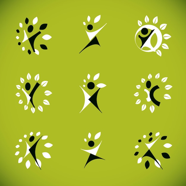 Conjunto de ilustraciones vectoriales de hombre abstracto emocionado con los brazos hacia arriba. Concepto de medicina alternativa, logotipo de fitoterapia.