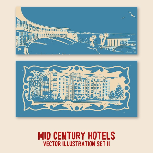 Conjunto de ilustraciones vectoriales de hoteles de mediados de siglo 2