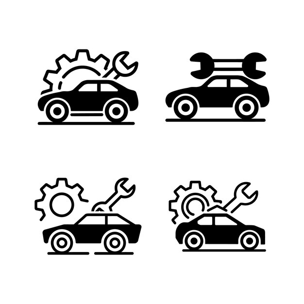 Un conjunto de ilustraciones vectoriales del icono del servicio de automóviles con una llave inglesa y un engranaje