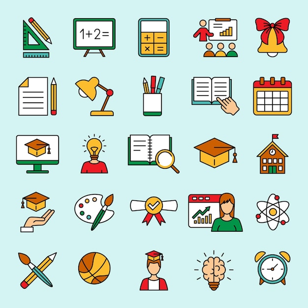 Conjunto de ilustraciones vectoriales de iconos escolares Estudiantes y maestros de clase en un fondo aislado Concepto de signo de educación y conocimiento