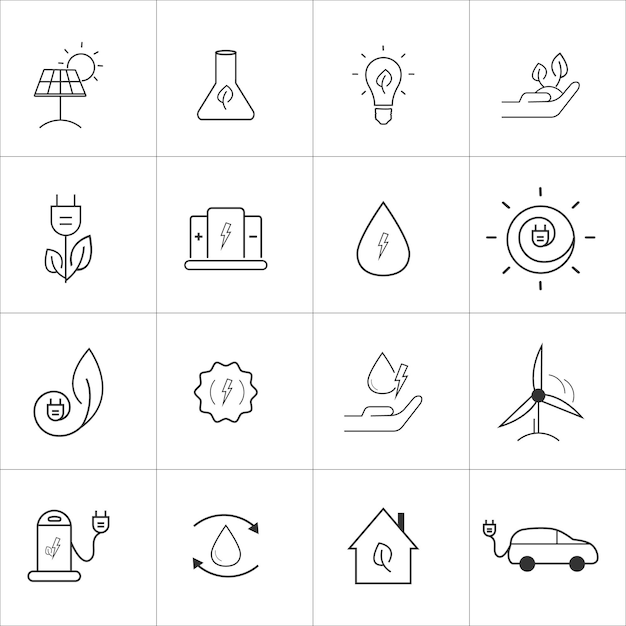 Conjunto de ilustraciones vectoriales de iconos relacionados con la energía verde ecológica de fuentes de energía alternativa