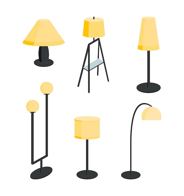 Conjunto de ilustraciones vectoriales de lámparas decorativas isométricas para el diseño de interiores