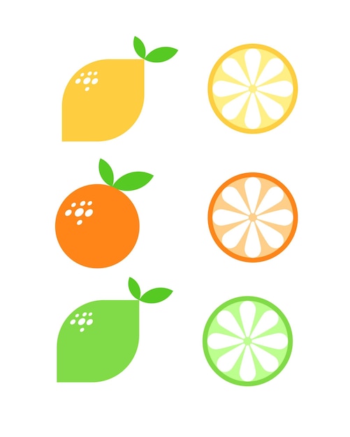 Conjunto de ilustraciones vectoriales de limón amarillo verde limón naranja con sus rebanadas