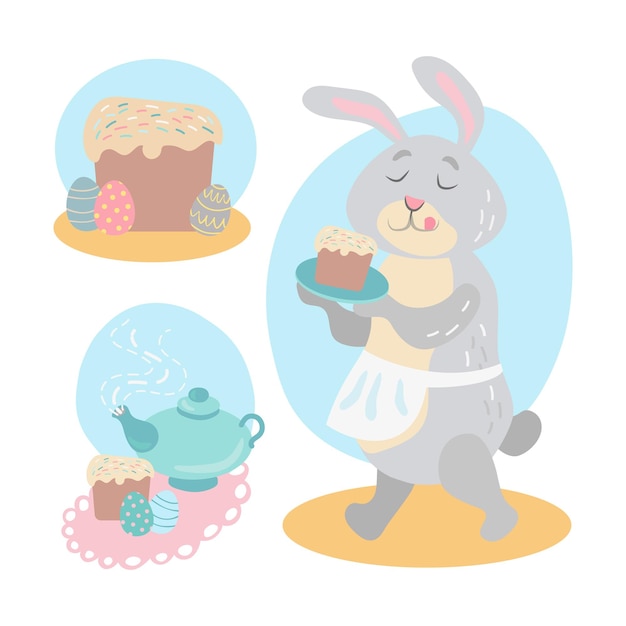 Un conjunto de ilustraciones vectoriales Un lindo conejito un pastel una tetera con té y huevos