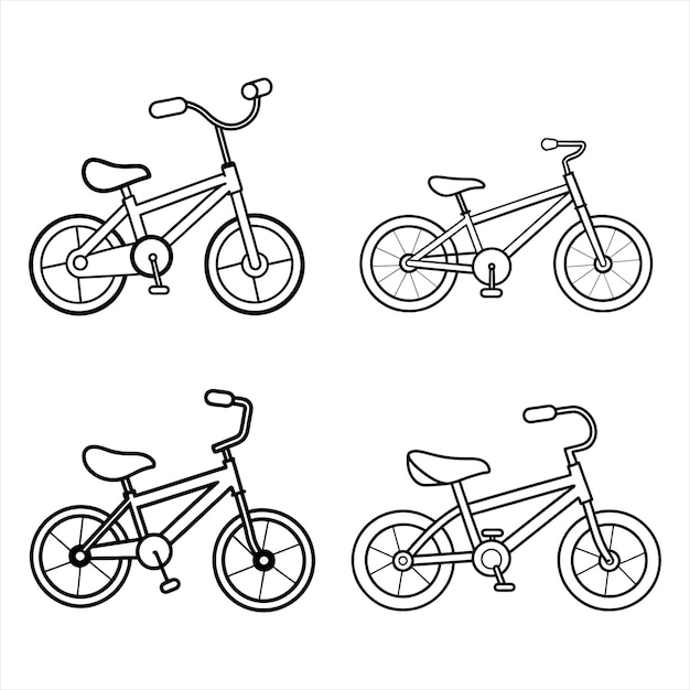 Conjunto de ilustraciones vectoriales de línea de arte de bicicletas para niños sobre fondo blanco