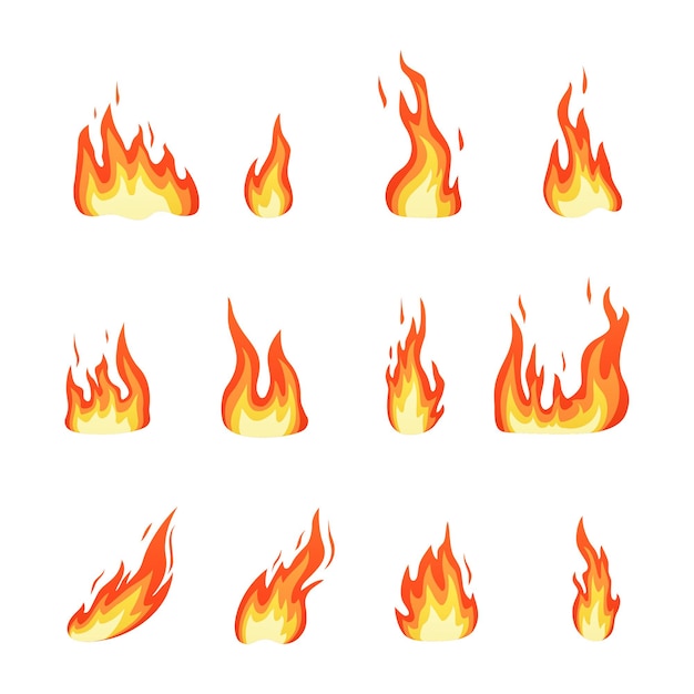 Conjunto de ilustraciones vectoriales de llamas de fuego rojas y naranjas