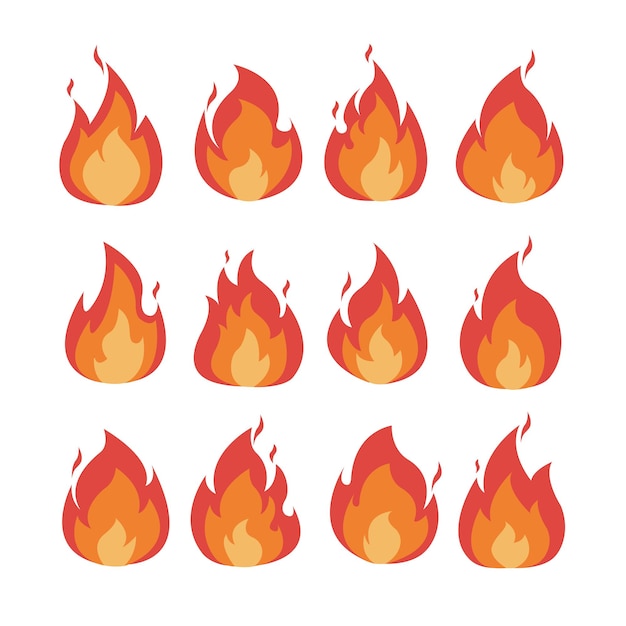 Conjunto de ilustraciones vectoriales de llamas de fuego rojas y naranjas