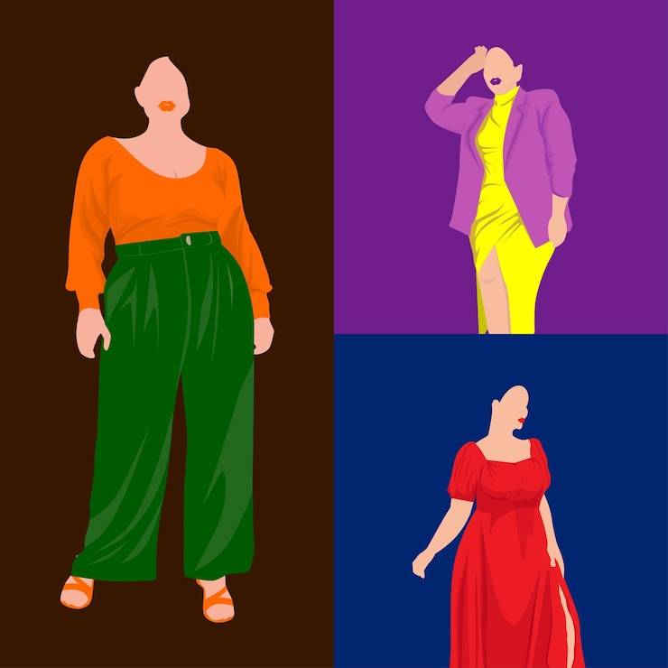 Vector conjunto de ilustraciones vectoriales de mujeres guapas y gordas en diferentes trajes elegantes de colores pop aislados