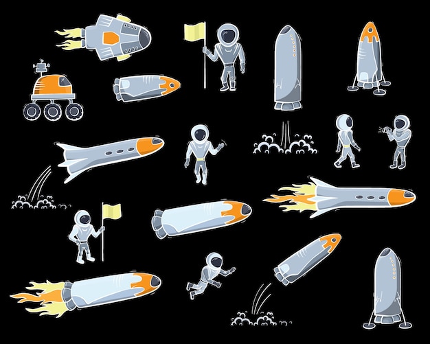 Conjunto de ilustraciones vectoriales de nave espacial, cohete, rover. Iconos de vector de dibujos animados de Doodle.
