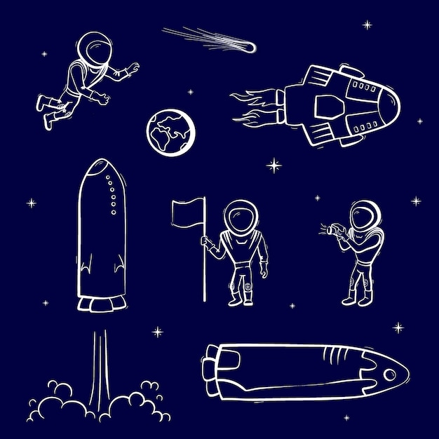 Vector conjunto de ilustraciones vectoriales de nave espacial, cohete, rover. iconos de vector de dibujos animados de doodle.