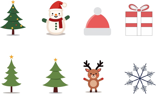 Conjunto de ilustraciones vectoriales navideñas Árboles festivos Hombre de nieve Reno Caja de regalos Sombrero de Papá Noel y Nieve