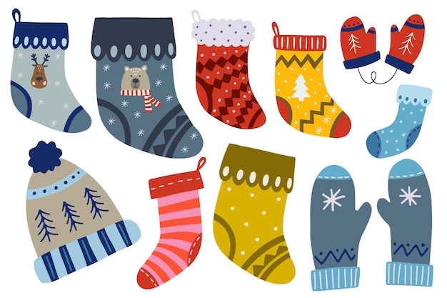 Conjunto de ilustraciones vectoriales navideñas de calcetines, guantes y sombrero de estilo escandinavo