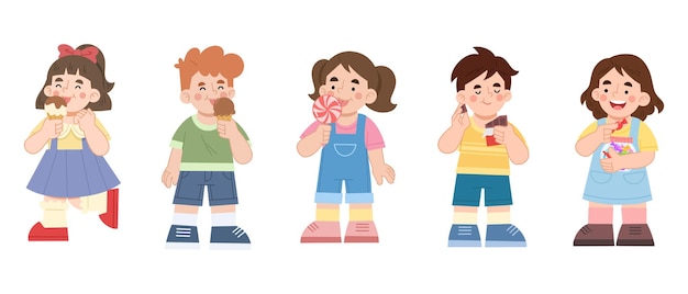 Conjunto de ilustraciones vectoriales de niños pequeños disfrutando de bocadillos de postre dulces
