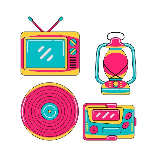Conjunto de ilustraciones vectoriales de objetos tecnológicos de los años 90