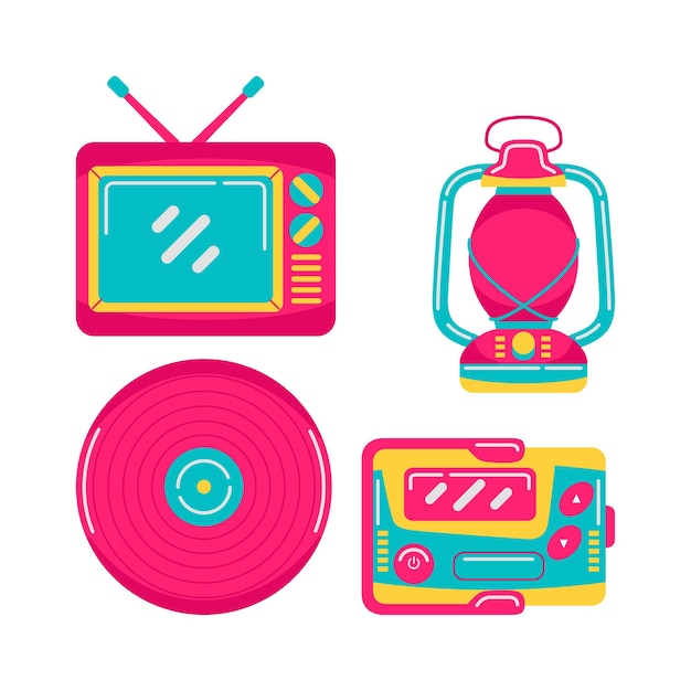 Conjunto de ilustraciones vectoriales de objetos tecnológicos de los años 90