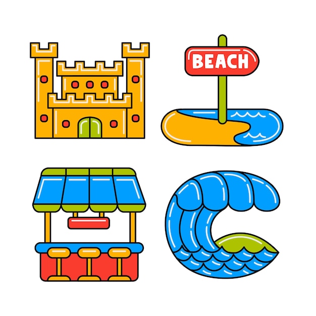 Conjunto de ilustraciones vectoriales de objetos de viaje en la playa