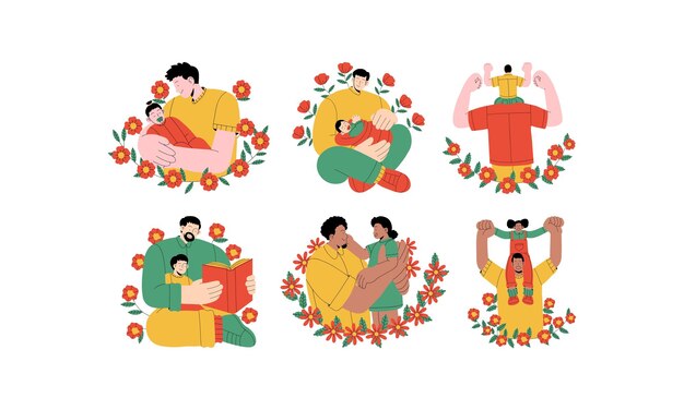 Conjunto de ilustraciones vectoriales de padres de familia felices, hijos y abuelos