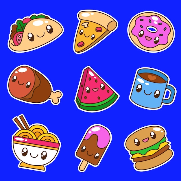 Conjunto de ilustraciones vectoriales de pegatinas de comida kawaii dibujadas a mano