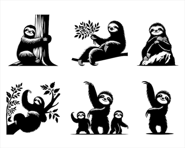 Conjunto de ilustraciones vectoriales de perezoso gracioso en blanco y negro
