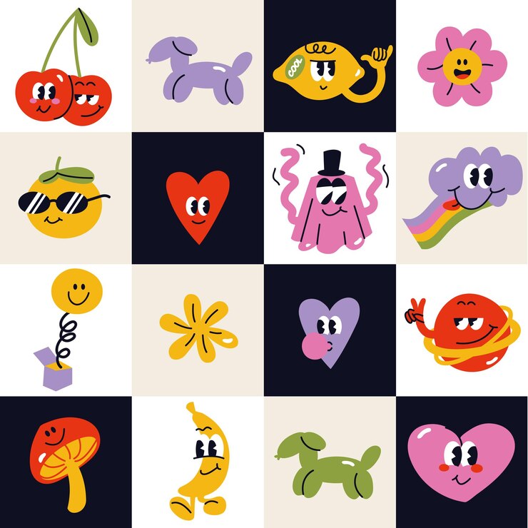 Conjunto de ilustraciones vectoriales con personajes divertidos abstractos. Pegatinas cómicas, pines o parches. Patrón sin fisuras.