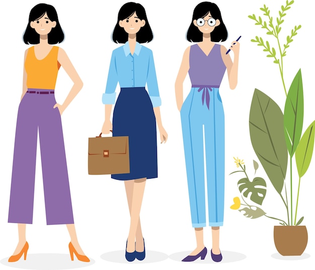 Un conjunto de ilustraciones vectoriales de personajes femeninos de dibujos animados en estilos planos