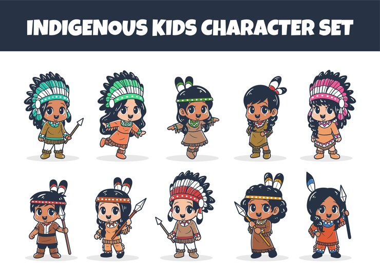 Vector conjunto de ilustraciones vectoriales de personajes para niños indígenas