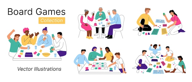 Conjunto de ilustraciones vectoriales de personas jugando juegos de mesa amigos y familias disfrutando de juegos de cartas en el
