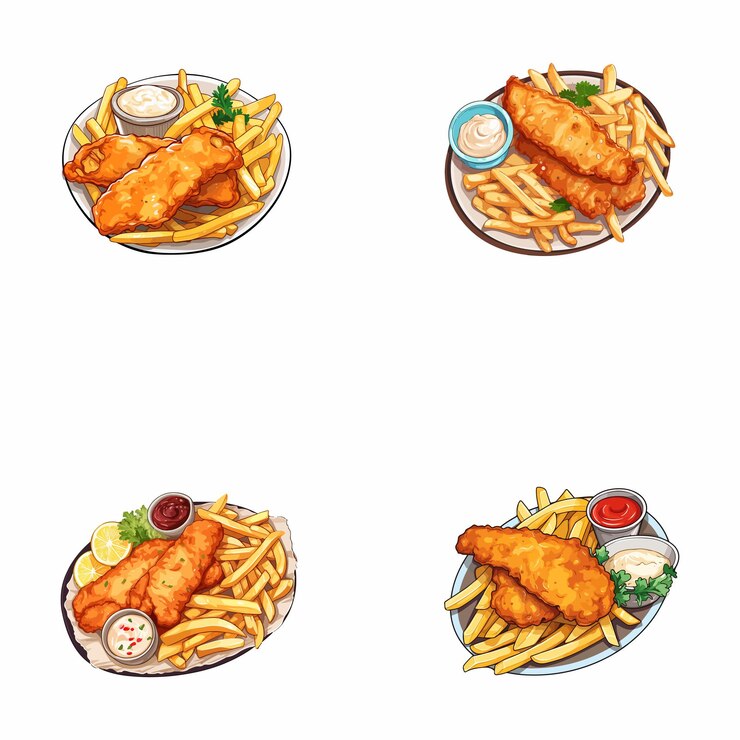Vector conjunto de ilustraciones vectoriales de pescado y papas fritas