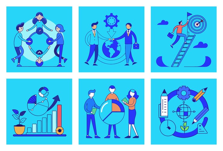 El conjunto de ilustraciones vectoriales planas de análisis de marketing de negocios