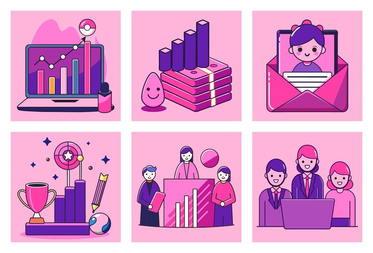 El conjunto de ilustraciones vectoriales planas de análisis de marketing de negocios