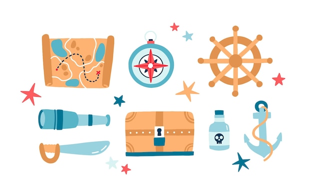 Conjunto de ilustraciones vectoriales planas de artículos piratas. Paquete de color de ancla, catalejo, sable, volante aislado. Cofre del tesoro de madera. Mapa de búsqueda infantil sobre fondo blanco. Símbolos de piratería.