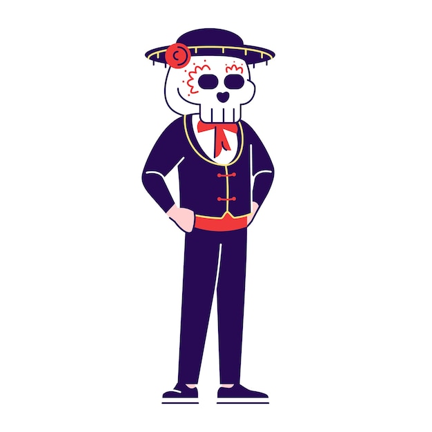Conjunto de ilustraciones vectoriales planas de cara de calavera de azúcar para hombre. Personaje de dibujos animados con elementos de contorno aislados sobre fondo blanco. Traje de celebración del Día de los Muertos. dia de muertos mexicano