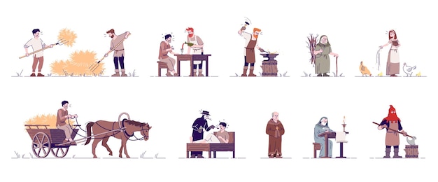 Conjunto de ilustraciones vectoriales planas de personas medievales Campesinos históricos granjero herrero verdugo sacerdote médico personajes de dibujos animados aislados con elementos de contorno sobre fondo blanco