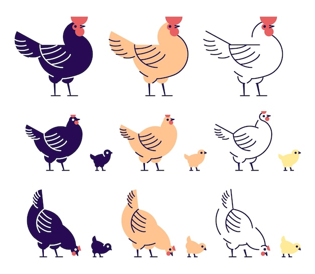 Conjunto de ilustraciones vectoriales planas de pollos pollitos multicolores gallinas y gallos picoteando elementos de diseño de dibujos animados con contorno producción de carne de pollo cría de aves cría de animales de granja avícola